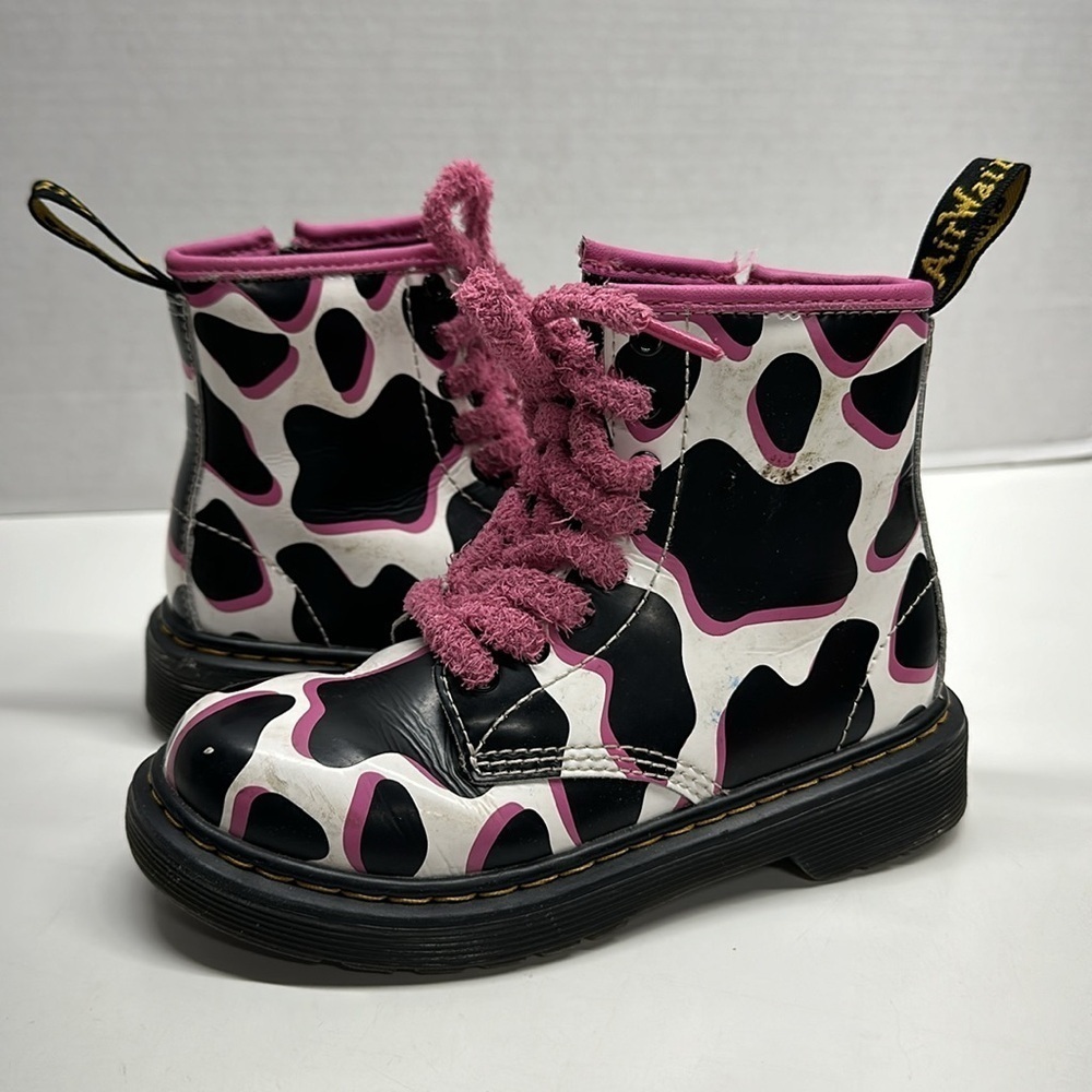 Doc Martens Boots Combat Lace Up Docs Cow Print Black Pink Kids Girls Size 12
